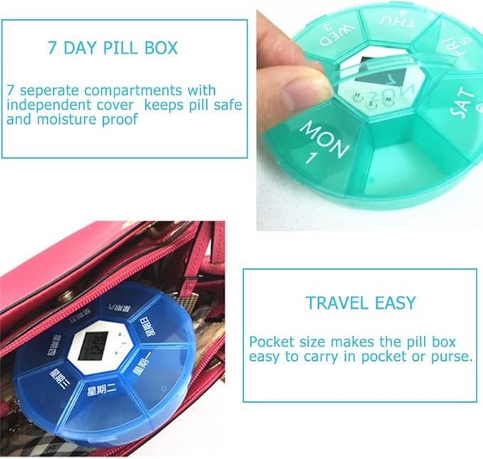 Weekly Pill Dispenser with Alarm, 7-Day Medicine Pill Organizer with up to 4 Alarms Per Day, Portable Smart Pill Box, Pill Reminder Green
