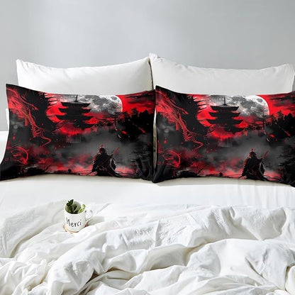 Western Dragon Kids Sheet Set Full Size,Japanese Samurai Japan Ukiyo-e Style Scenery Bedding Set 4pcs,Boys Girls Room Decor,Ancient Animal Red Black Bed Sheet Set 4pcs(Fitted + Flat + 2 Pillowcases)