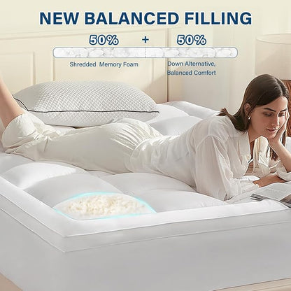 Anluoer Mattress Topper Queen for Back Pain, Memory Foam Pillow Top Mattress Topper Queen, 5X Support Extra Thick Breathable Mattress Pad with 8-21" Deep Pocket, 60x80 Inches, White