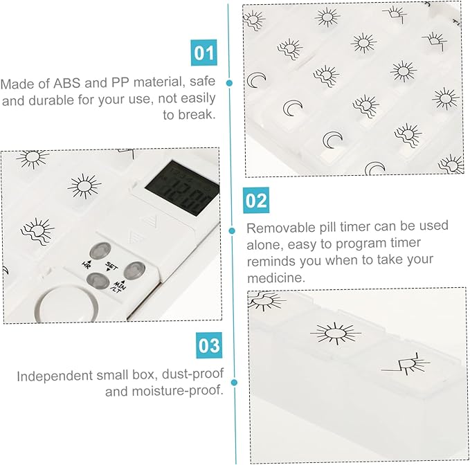 7 Mini Pill Box Travel Alarm Clock Mini Alarm Clock Lock Box for Medication Containers 7 Days Pill Box White Storage Box Dispenser Electronic Medicine Chest Travel Medication