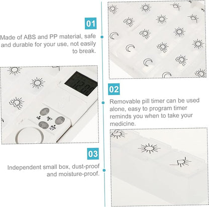 7 Mini Pill Box Travel Alarm Clock Mini Alarm Clock Lock Box for Medication Containers 7 Days Pill Box White Storage Box Dispenser Electronic Medicine Chest Travel Medication