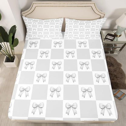 Gray Bowknot Fitted Sheet Geometric Gray White Plaids Grids Patchwork Bed Sheet Set for Kids Children Teens Princess Bow-tie Dreamy Girly Bow Bed Cover Toddler Bedroom Decor,Twin Size