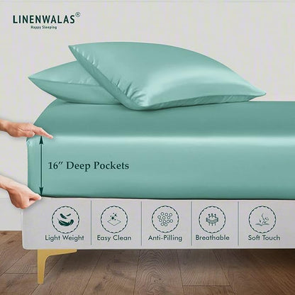 LINENWALAS Fitted Sheet Only Viscose Derived from Bamboo, Bottom Sheet for Queen Size Bed – 16” Deep Pocket, All Around Snug Fit – Cooling, Breathable, Soft, Hypoallergenic (Aqua, Queen)