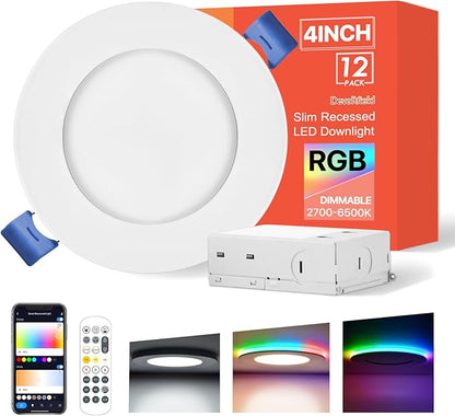 12Pack Smart RGB Recessed Lighting 4Inch,Ultra-Thin Canless LED Downlight,2.4GHz Wi-Fi Bluetooth, 2700K-6500K, 9W 810LM,Work with Tuya App,Alexa,Google Assistant,Sync Music