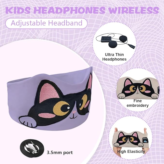Kids Headband Headphones,Toddler Bluetooth Sleep Mask,Adjustable Wireless Headphones with Wired Playback 3.5MM Jack Suitable for Study, Travel and Sleep(Purple)