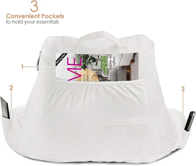 Nestl Reading Pillow with Shredded Memory Foam, Designed for Sitting Up in Bed and Couch, Back and Arms Adjustable Support for Adult & Teens Backrest Pillows for Reading, with Washable Cover White