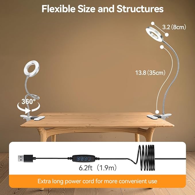 Skymore Clip on Light -3 Color Modes&10 Brightness LED Reading Desk Light with Clamp Flexible Gooseneck Book Light for Kids' Bedtime Reading, Zoom Meetings, Clip on Table, Headboard, Dorm&Office Use