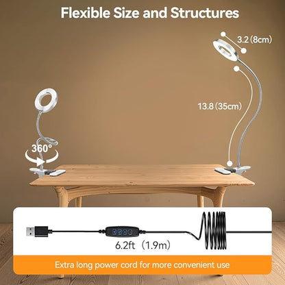 Skymore Clip on Light -3 Color Modes&10 Brightness LED Reading Desk Light with Clamp Flexible Gooseneck Book Light for Kids' Bedtime Reading, Zoom Meetings, Clip on Table, Headboard, Dorm&Office Use