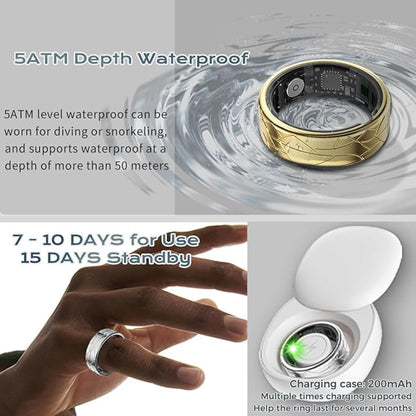 Smart Ring Fitness Tracker Sleep Tracking Heart Rate Monitor Pedometer, Waterproof Activity Tracker Fitness Ring Steps Counter, Gesture Controls for Short Video, 8 Days Last, Gold, #12