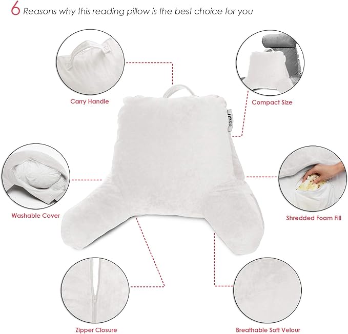 Nestl Reading Pillow with Shredded Memory Foam, Designed for Sitting Up in Bed and Couch, Back and Arms Adjustable Support for Adult & Teens Backrest Pillows for Reading, with Washable Cover White