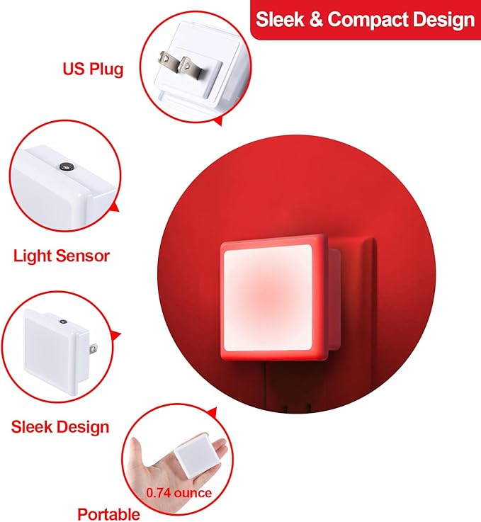 670nm Red Light Night Light for Sleep[2 Pack]- Zero Blue Light, Diammble & Energy Efficient 0.3W Night Light Plug into Wall with Dusk-to-Dawn Sensor for Nursery, Bedroom, Bathroom