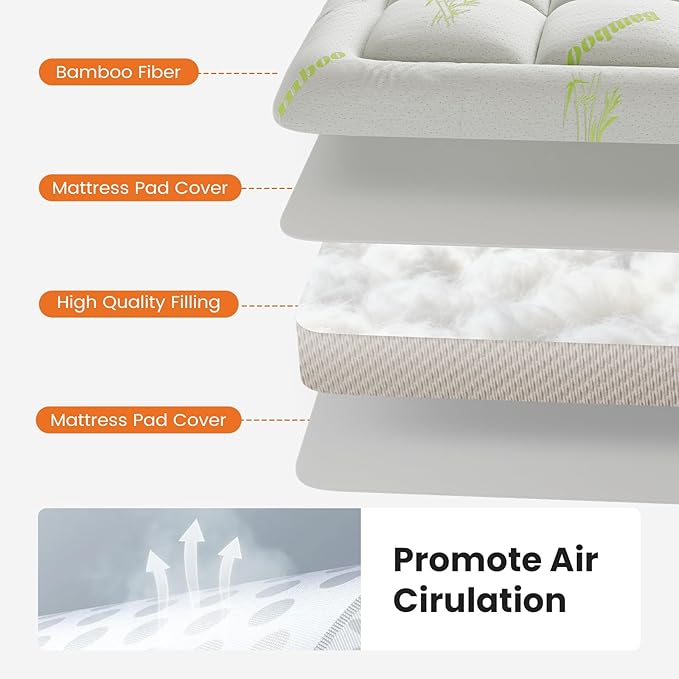 DUMOS Full Size Ultra Soft Mattress Topper, Viscose Derived from Bamboo, Pillow Top Mattress Pad with Stretchable Pockets, Breathable Cooling Topper for Back Pain Relief