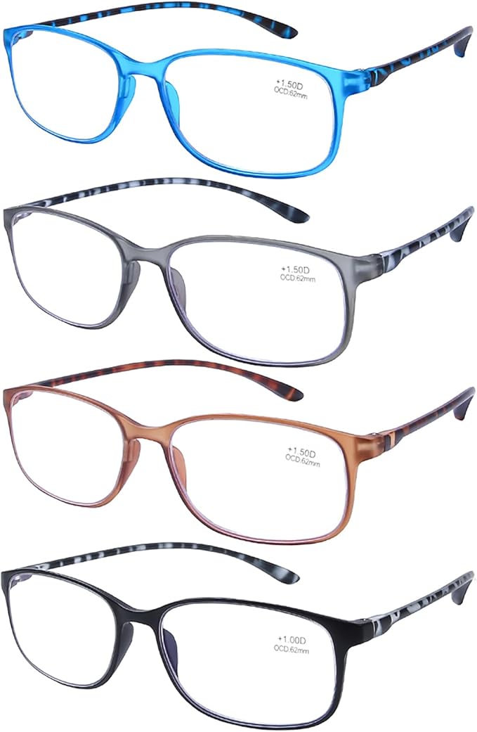 AQWANO 4 Pairs Computer Reading Glasses Blue Light Blocking Lightweight Flexible TR90 Unbreakable Readers for Women Men 4.0, No Rubber Arms
