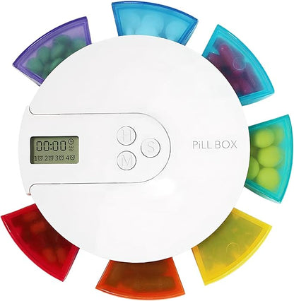 Automatic Pill Dispenser, 7 Day Pill Organizer with Large Digital Display & Alarm, Portable Travel Medicine Box for Vitamins & Medications Colorful