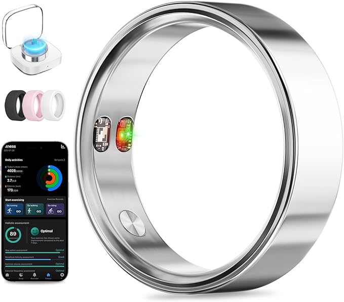 Smart Ring with Vibration Alerts, health tracker ring with Body Temperature Monitor, Heart Rate, Sleep & Fitness Tracking, Waterproof Activity Ring for Men & Women, No App Fees (Silver, 13#)