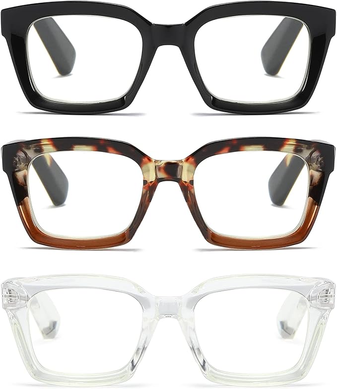 3 Pack Oversize Square Design Reading Glasses for Women, Blue Light Blocking Reader