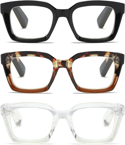 3 Pack Oversize Square Design Reading Glasses for Women, Blue Light Blocking Computer Reader+0.75