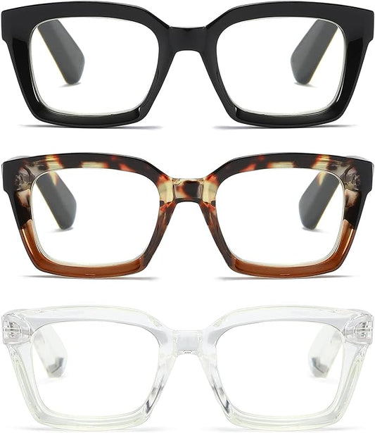 3 Pack Oversize Square Design Reading Glasses for Women, Blue Light Blocking Computer Reader+0.75