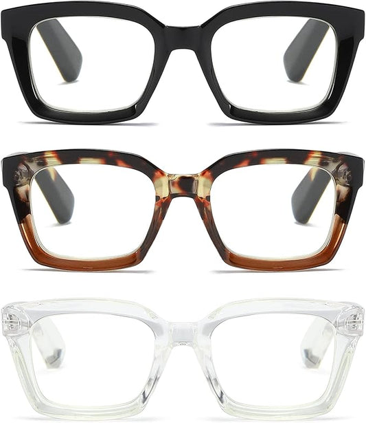 3 Pack Oversize Square Design Reading Glasses for Women, Blue Light Blocking Reader
