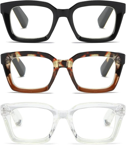 3 Pack Oversize Square Design Reading Glasses for Women, Blue Light Blocking Reader (Black&Leopard&Transparent, 2.75)