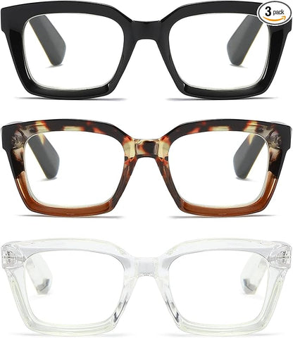 3 Pack Oversize Square Design Reading Glasses for Women, Blue Light Blocking Computer Reader (Black&Leopard&Transparent, 3.25)