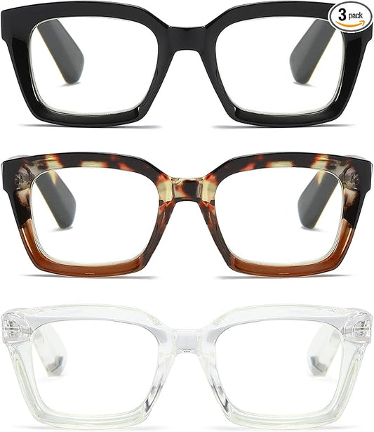 3 Pack Oversize Square Design Reading Glasses for Women, Blue Light Blocking Computer Reader (Black&Leopard&Transparent, 3.25)