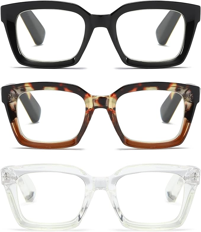 3 Pack Oversize Square Design Reading Glasses for Women, Blue Light Blocking Computer Reader (Black&Leopard&Transparent, 0.5)