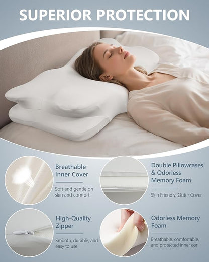 Ergonomic Double-Wing Cervical Neck Pillow – Orthopedic Memory Foam Neck Support Pillow for Side Sleepers, Cervical Spine Alignment & Shoulder Pain Relief, Cooling Washable Cover, 3.5"–1.2" Design