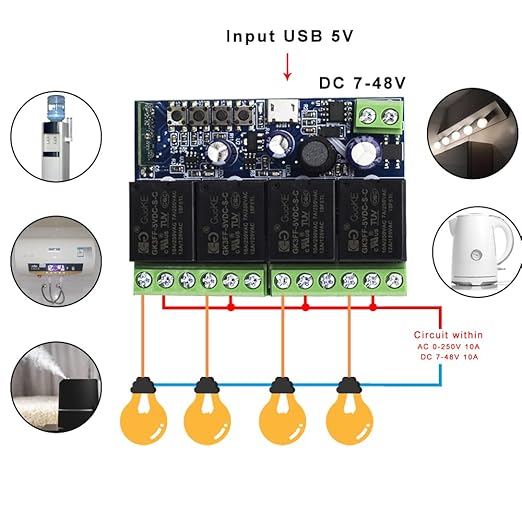 Ewelink WiFi Wireless Smart Relay Module USB 5v 4 Channel Inching Self-Lock Latched Dry Contact Remote Switch for Access Control, Garage Door,Home Automation, Compatible with Alexa Google Home