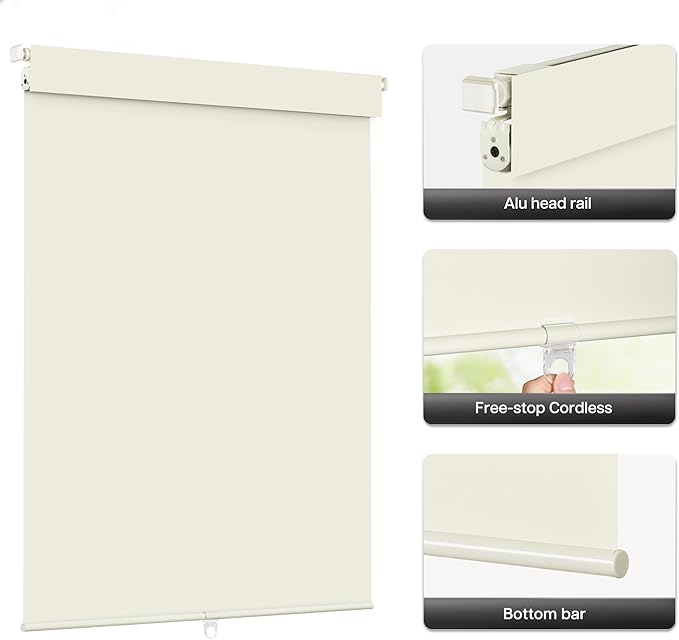 LazBlinds No Drill Blinds for Indoor Windows, Blackout Roller Shades, Cordless Window Blackout Blinds, Thermal Insulated Fabric UV Protection for Home and Office, 31.5" W x 48" H, Cream
