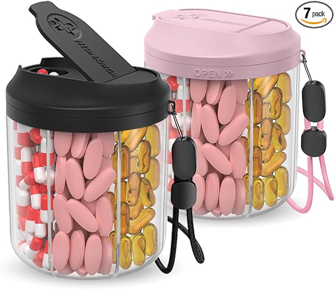 Pill Dispenser with 7 Large Compartments, Pill Organizer for Travel, Supplement Organizer with Anti-Mixing Design, BPA-Free Pill Container with 20 Pcs Labels, Black+ Pink
