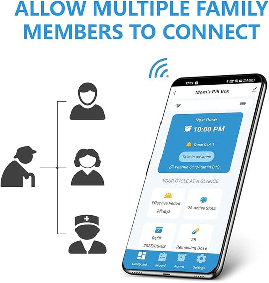 JULOS Smart WiFi Automatic Pill Dispenser w/Sound/Light Alerts for Seniors, Mobile App Remote Monitoring, 28-Day Medication Organizer, Up to 9 Alarms/Day, Lock Key for Supplements & More, Clear Lid