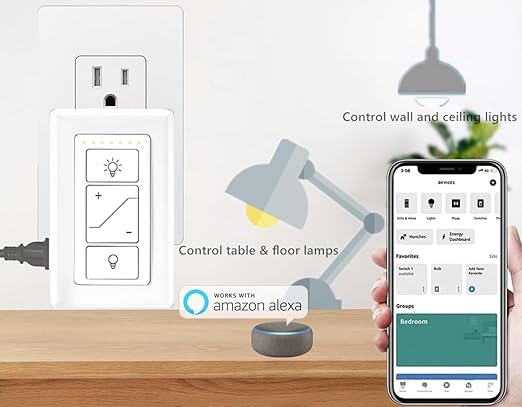 Nexete Smart Dimmer Plug Outlet Switch, Lamp Dimmer Outlet Switch Plug Adapter for Dimmable LED Light Bulbs, Lamps, String Lights, Voice Control,Bluetooth Compatible with Alexa Only (Plug in Dimmer)