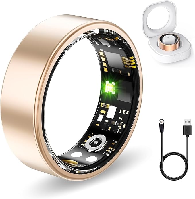 Smart Rings for Women Men, Fitness Ring with Heart Rate, Blood Oxygen, HRV, Pressure, Sleep Tracker, Step Tracker, No Subscription Fee, IP68 Waterproof Smart Ring for iPhone & Android (Gold 11#)