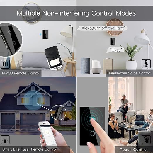 MOES Touch Wall Single Live Wire Smart Switch, No Neutral Wire Needed, 2.4GHz WiFi RF433 Light Switch Works with Smart Life/Tuya App, Alexa and Google Home, Single Pole Black 2 Gang Include Capacitor