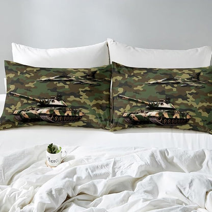 Manfei Aircraft Sheet Set Queen Size, Army Camo Tank Airplane Bed Sheet Set 4pcs with Deep Pocket Fitted Sheet + Flat Sheet + 2 Pillowcases, Green Camouflage Bedding Set for Kids Boys Teens Room Decor