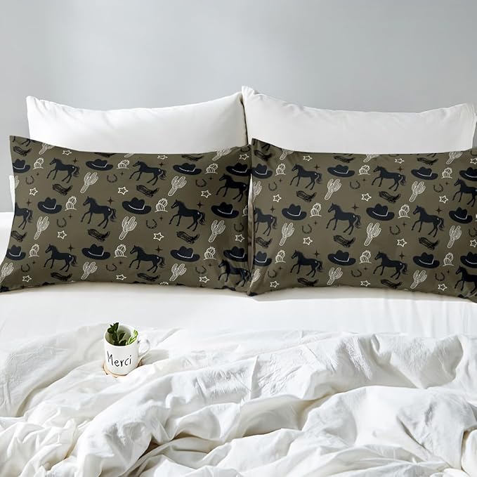Western Cowboy Bed Cover(1 Fitted Sheet+1 Pillow Case),Retro Horseshoe Tribal Horse Boots Graffiti Bedding Set,Desert Cactus Rustic Famhouse Dark Green Bed Sheet Set,3Pcs Full Size