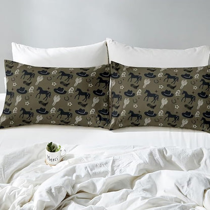 Western Cowboy Bed Sheet Set Retro Horseshoe Tribal Horse Boots Graffiti Fitted Sheet for Ultra Soft Desert Cactus Rustic Famhouse Dark Green Bedding Cover Set Queen Size(No Flat Sheet)
