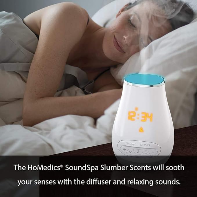 Slumber Scents Alarm Clock, Essential Oil Diffuser & White Noise Machine 6 Soothing Sounds, LED Lights, Auto-Off Timer, Bluetooth Bonus- 3 Essential Oils, Aromatherapy SoundSpa HoMedics