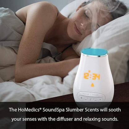 Slumber Scents Alarm Clock, Essential Oil Diffuser & White Noise Machine 6 Soothing Sounds, LED Lights, Auto-Off Timer, Bluetooth Bonus- 3 Essential Oils, Aromatherapy SoundSpa HoMedics