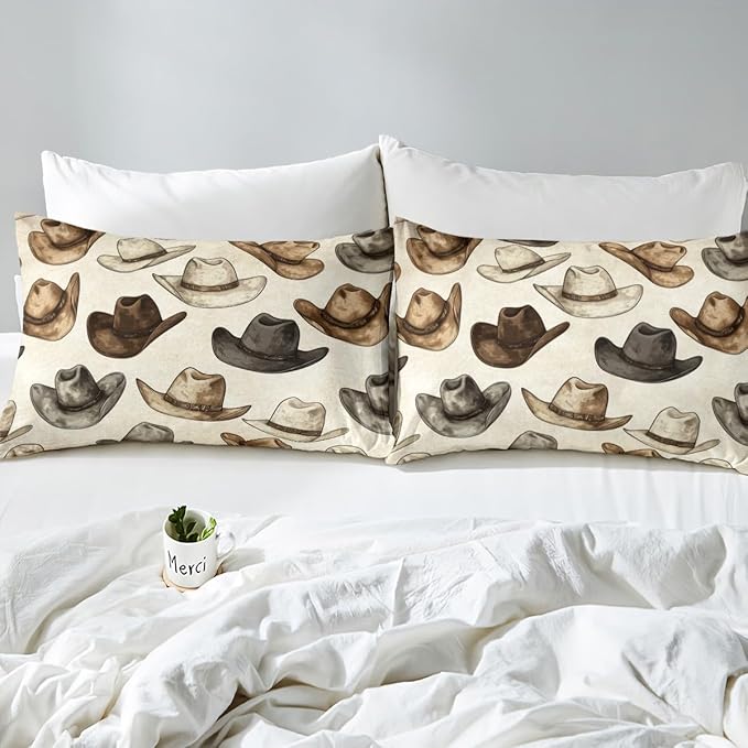 Cowboy Hats Bedding Set Full Size,Rustic Farmhouse Tribal Cowboy Fitted Sheet,Vintage Western Style Brown Beige Green Sheet Set for Kids Teens Bedroom(No Flat Sheet)