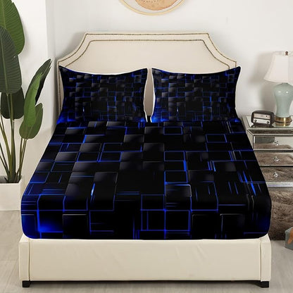 Manfei Geometric Sheet Set King Size, Abstract Square Grid Bed Sheet Set 4pcs with Deep Pocket Fitted Sheet + Flat Sheet + 2 Pillowcases, Royal Blue and Black Bedding Set for Kids Boy Teen Room Decor