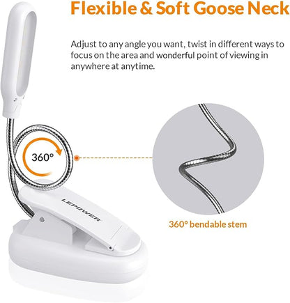 LEPOWER Clip on Book Light/Reading Light/Clip Light with 5 LED Eye Care, 3 Color Changeable, Portable Reading Lamp, Battery Operated, Bed Lights for Kids, Bookworms, Students(White)