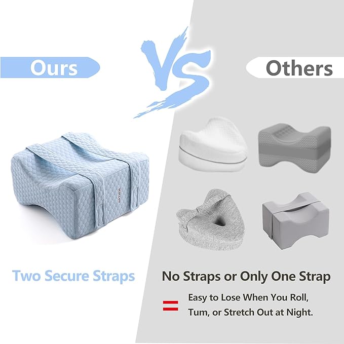 Knee Leg Pillow for Side Sleepers with Straps, Sciatica Sacroiliac Thigh Joints Hip-Back Pain Relief, Ergonomic Contour Encourages Natural Hip-to-Knee Alignment Pillow for Side Sleeping, Sky Blue