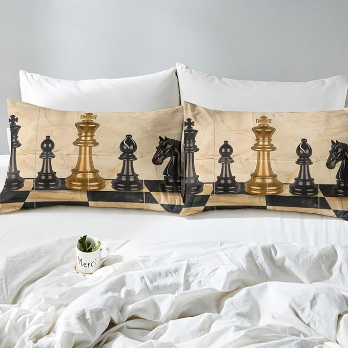 International Chess Bed Sheet 4 Piece,Vintage Chess Sports Game Theme Sheets Full Size Bed Set,Retro Brown Black Checker Grids Marble Print Bedding Set with Flat,Fitted Sheet,2 Pillow Cases