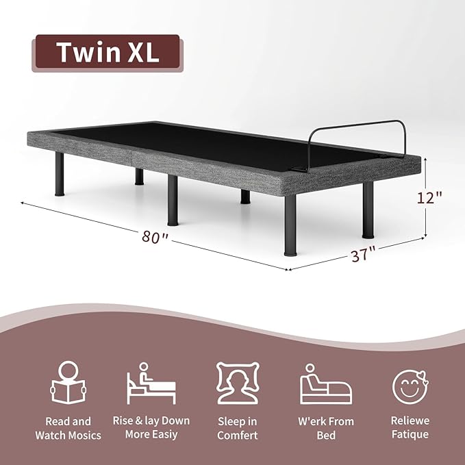 Twin XL Adjustable Bed Frame, Adjustable Beds with Updated Thickened Frame,Wireless Remote, Separate Head/Foot Lift, Zero Gravity,Anti-Snore,Sturdy Metal, Electric Bed Bases with 3 Height Options