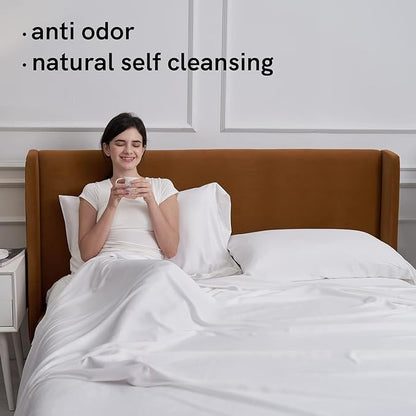 YnM Cooling Bed Sheet Set with 100 Percent Rayon Derived from Bamboo, 400TC Fabric with 2 Pillowcases and Flat Sheet, Deep Pocket Fit 19'', Silky-Soft & Sweat Wicking, 4 Piece (King, White)