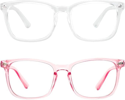 2 Pairs LifeArt Blue Light Blocking Glasses with Spring Hinge, Anti Eyestrain, Computer Reading Glasses, Gaming Glasses, TV Glasses for Women Men, Anti UV, Anti Glare (Clear&Pink, +0.75 Magnification)