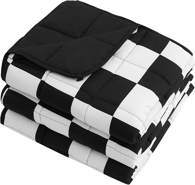 Black Checkered Weighted Blanket for Adults 12lbs, 48"x72", Twin Full Size Cooling Plaid Heavy Throw Blanket for 110-130lbs, Microfiber Soft Thick Big Blankets Weighted Comforter Gift for Sleeping