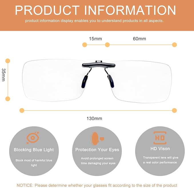 FONHCOO Clip on Blue Light Blocking Glasses Womens Mens over Prescription Glasses Frameless Lens Anti Eyestrain Headaches